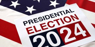 Presidential Election 2024 sign on American flag background.