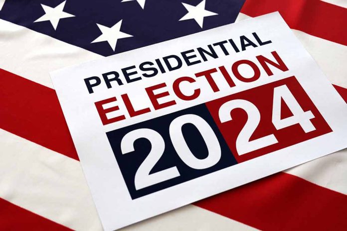 Presidential Election 2024 sign on American flag background.