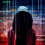 Hooded figure with cybersecurity terms and binary code background.