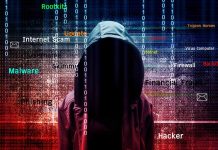 Hooded figure with cybersecurity terms and binary code background.