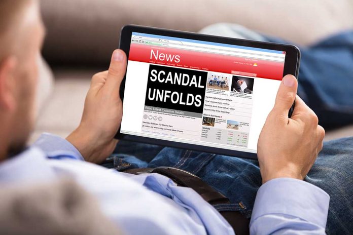 Person reading tablet with headline "Scandal Unfolds".