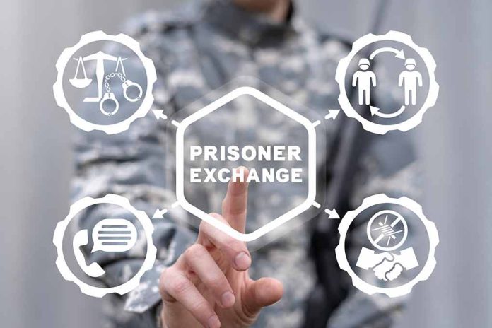 Person pressing Prisoner Exchange button on virtual interface