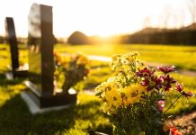 Sunlit cemetery with flowers on headstone.