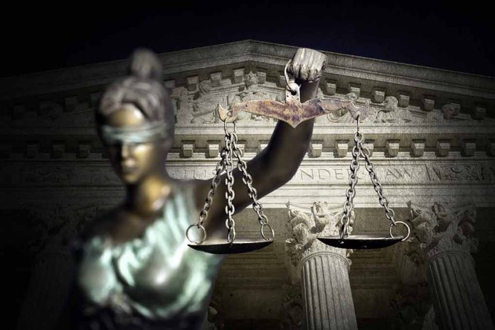 Blindfolded Lady Justice with scales, Supreme Court background.