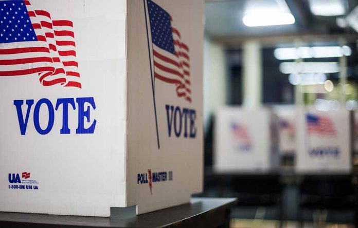 Voting booths with American flags and "Vote" signs.