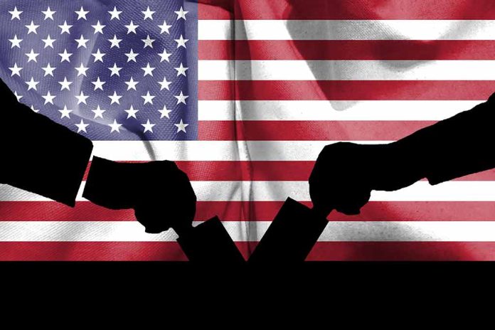 Silhouette handshake over United States flag background.