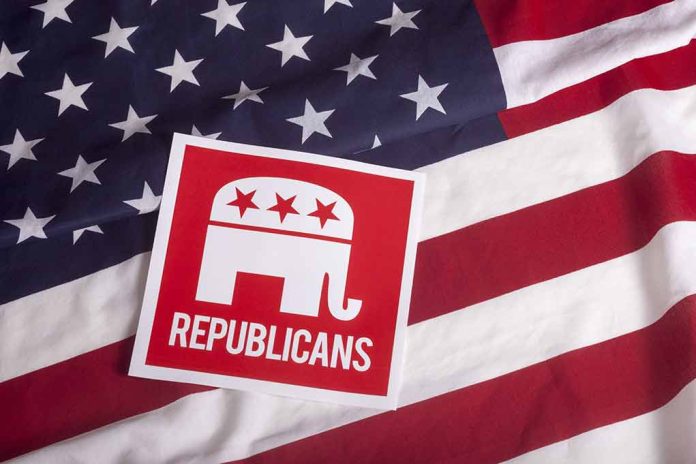 Republican symbol on American flag background.