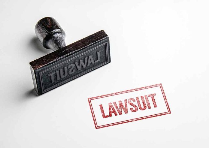 Rubber stamp with the word lawsuit stamped red