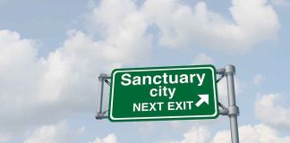 Green sign saying "Sanctuary City Next Exit."