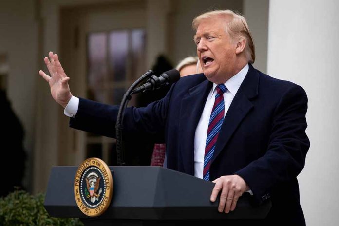 Person speaking at podium with presidential seal.