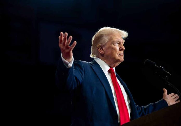 Man in suit and red tie gesturing on stage.