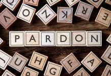 Pardon spelled with wooden letter tiles blocks