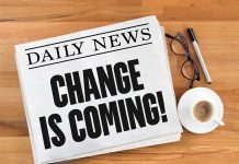 Newspaper headline: "Change is coming!" with coffee.