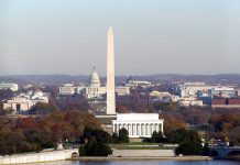 Washington D.C. monuments with autumn foliage.