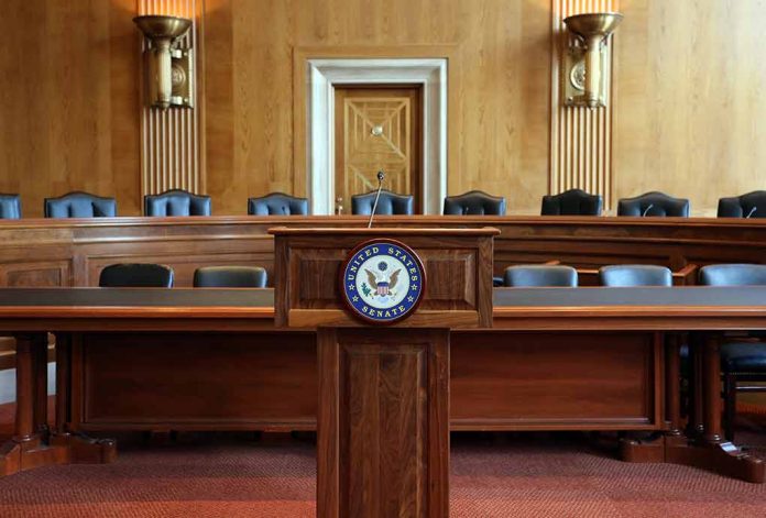 Empty U.S. Senate hearing room with wooden furniture.