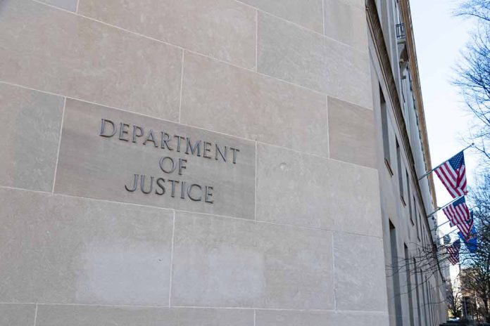 Department of Justice building with American flags.