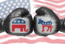 Boxing gloves with political party symbols.