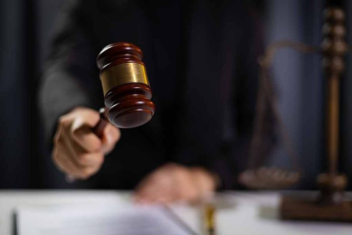 Gavel being struck by a judge in courtroom.