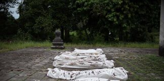 Five wrapped bodies on ground surrounded by trees.