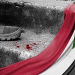 Boot blood and flag on concrete steps