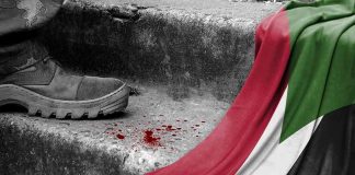 Boot blood and flag on concrete steps