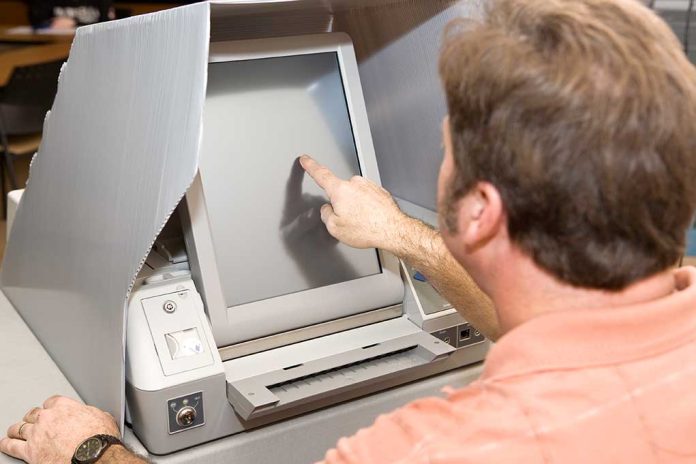 9389761 featured image Person using touchscreen voting machine in polling booth
