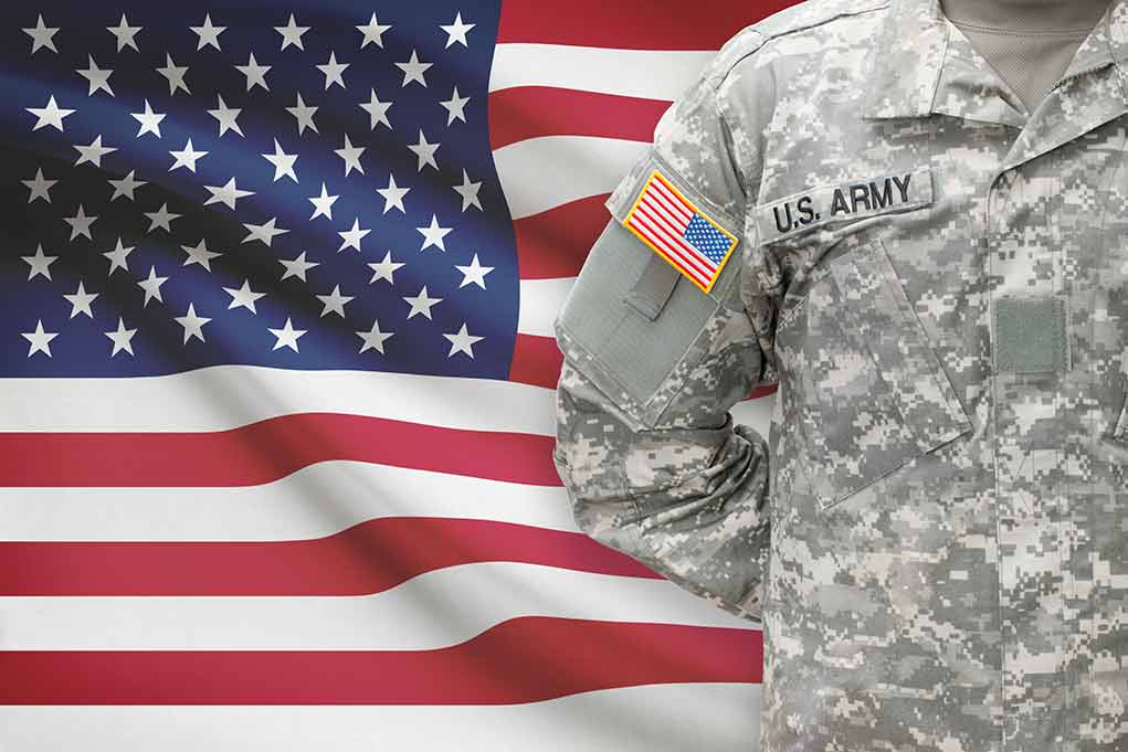 Soldier in camouflage uniform standing before American flag