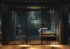 Empty prison cell with metal bars and bed