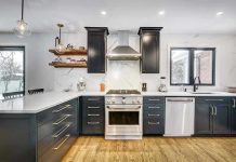 Modern kitchen with black cabinets and stainless appliances