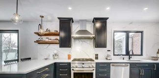 Modern kitchen with black cabinets and stainless appliances