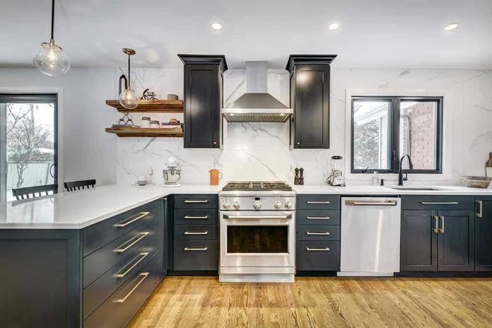 1684127182 Modern kitchen with black cabinets and stainless appliances