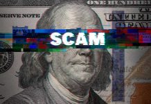 Scam text overlaid on distorted 100 dollar bill
