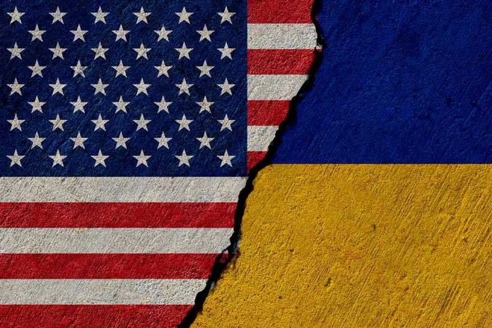 Torn United States and Ukraine flags