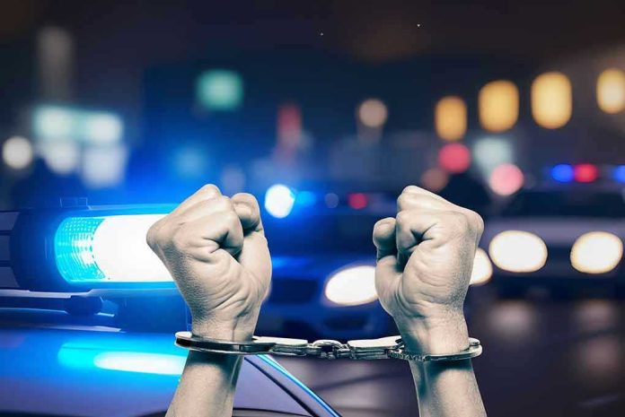 Hands in handcuffs in front of police cars