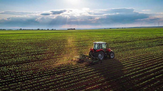 436506028 Tractor plowing a vast green field at sunset
