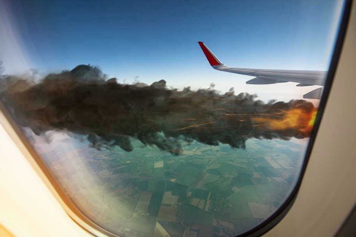 456112087 Airplane wing with engine on fire mid flight