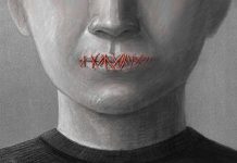 Face with mouth sewn shut in red thread