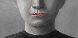 Face with mouth sewn shut in red thread
