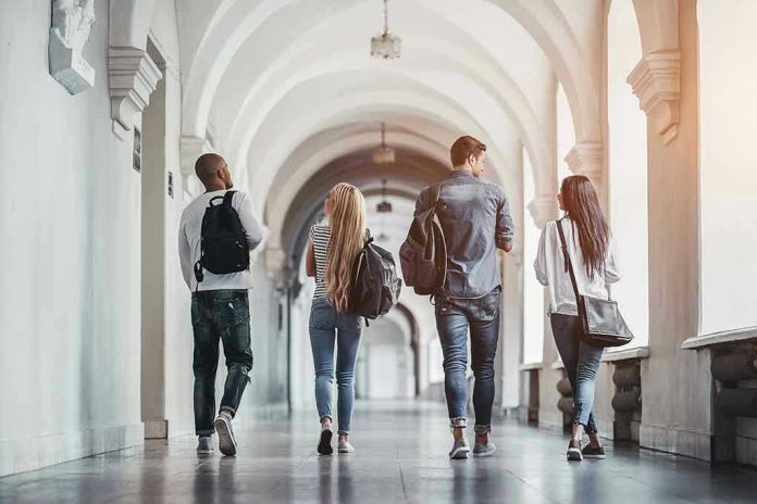 685407808 Four students walking in a corridor together