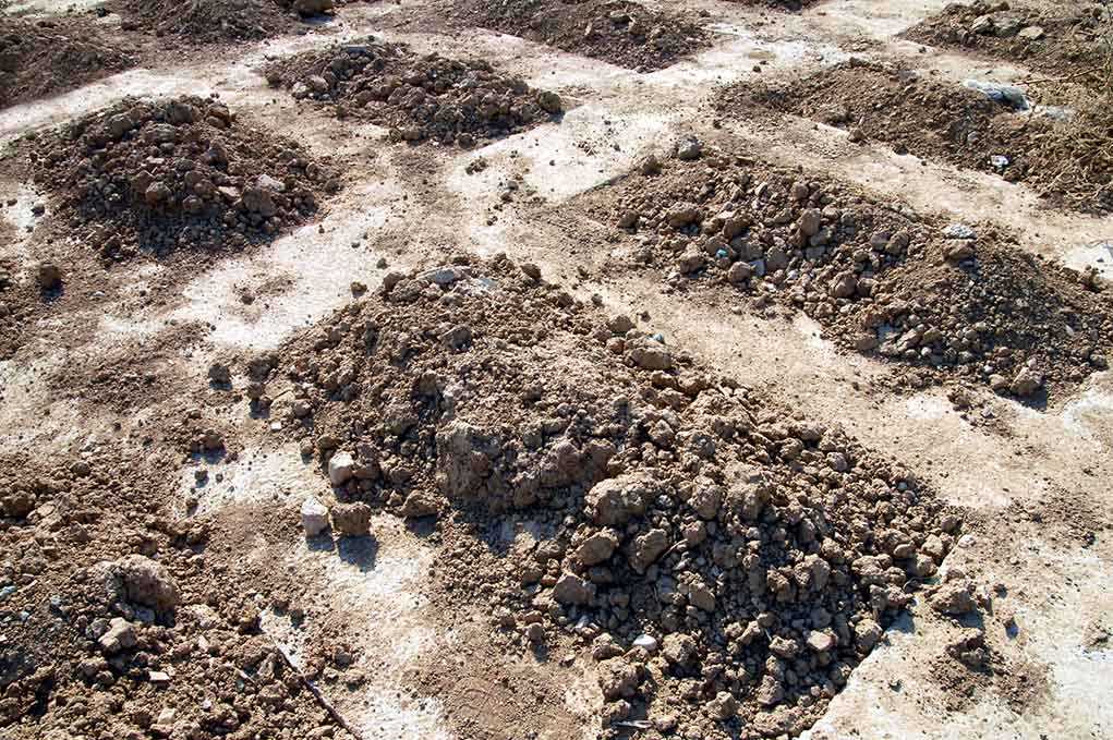 Mounds of dirt arranged in rows on a construction site