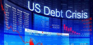 Silhouettes of business professionals in front of a digital display showing financial data and a US debt crisis