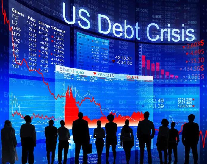 Silhouettes of business professionals in front of a digital display showing financial data and a US debt crisis