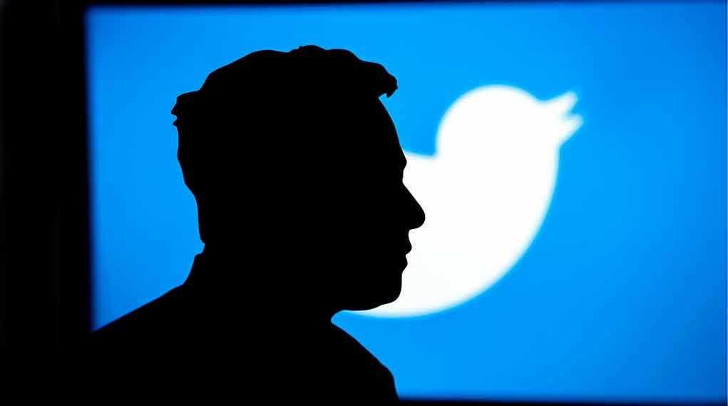 Silhouette of person against blue Twitter logo background