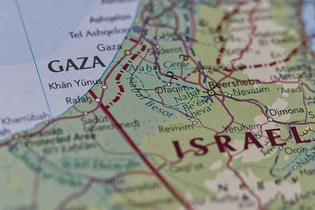 Map showing Gaza Strip and parts of Israel