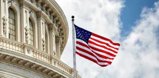 US flag in front of Capitol building dome