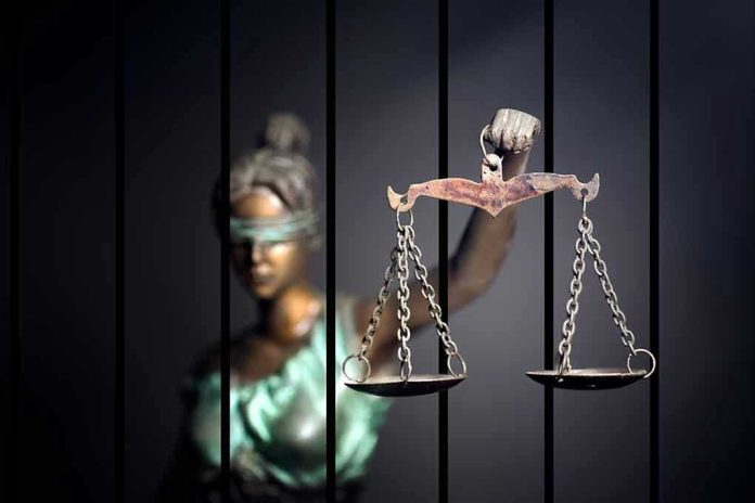 Blindfolded Lady Justice statue holding scales behind bars