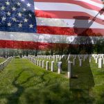 A military cemetery with white gravestones and an American flag overlay featuring a soldier silhouette