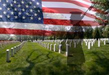 A military cemetery with white gravestones and an American flag overlay featuring a soldier silhouette