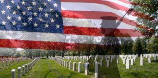 A military cemetery with white gravestones and an American flag overlay featuring a soldier silhouette