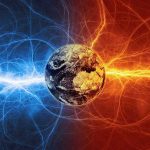 Earth with blue and red electric energy surrounding.